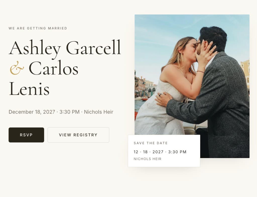 Couple public wedding page hero with names, date, and photo