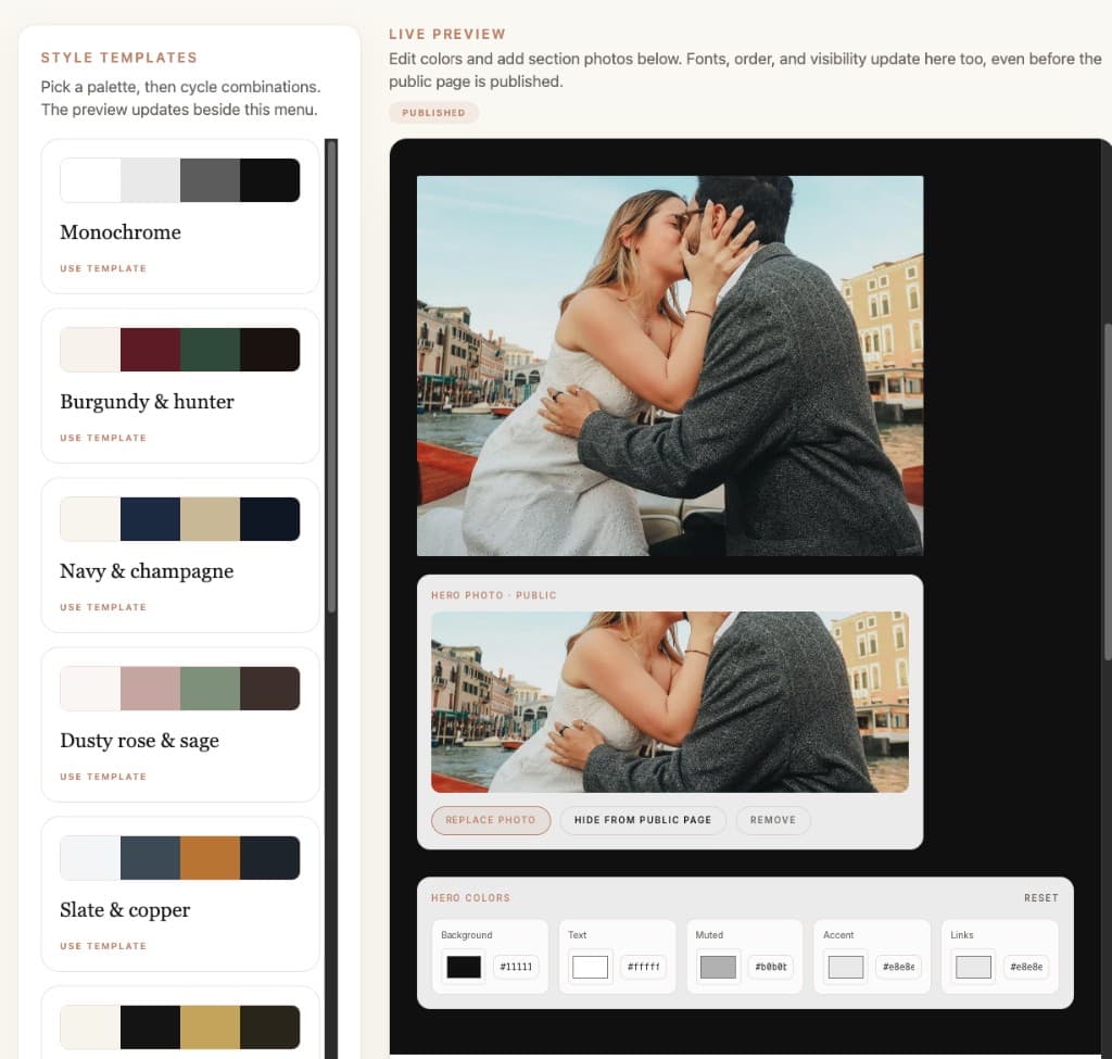 Public page style editor with templates and live preview